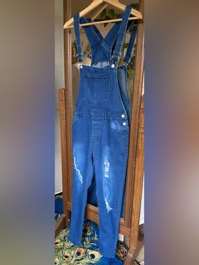 LING Collection Women’s Blue Denim Distressed Overalls Jumpsuit, XL